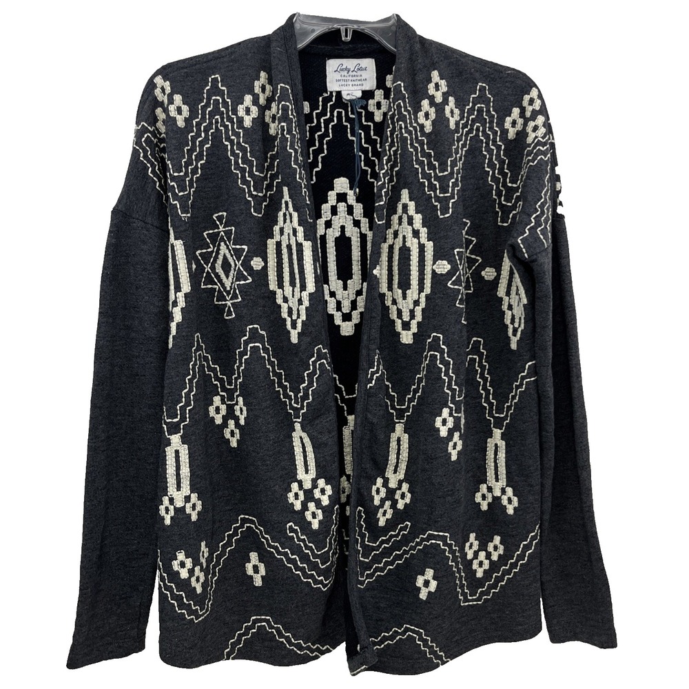 Lucky Brand Lotus Cardigan Sweater Size S Cotton Gray Ivory Aztec Long Sleeves